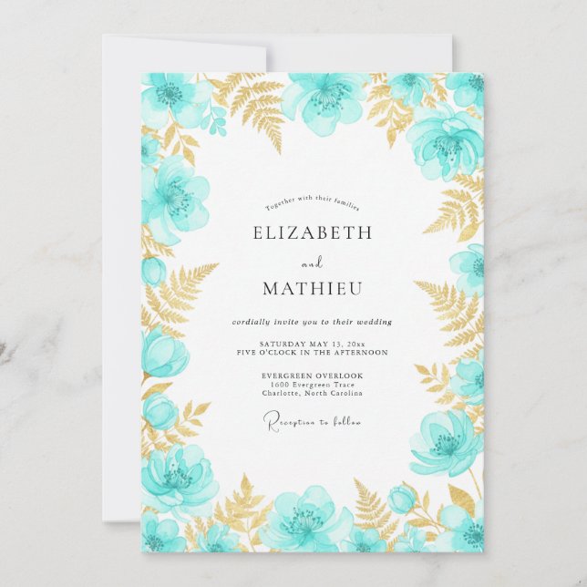 Convite Casamento Encantado Floral Turquesa (Frente)