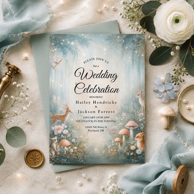 Convite Casamento Encantado Floresta com Tons de Turquesa  (Criador carregado)