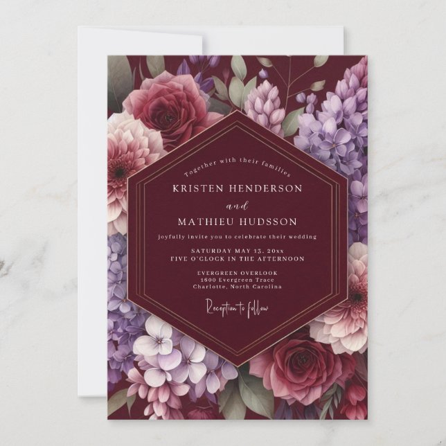 Convite Casamento Encantado Maroon Bloom (Frente)