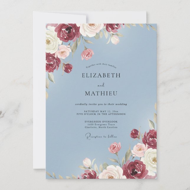 Convite Casamento Encantado Romance Floral Borgonha (Frente)