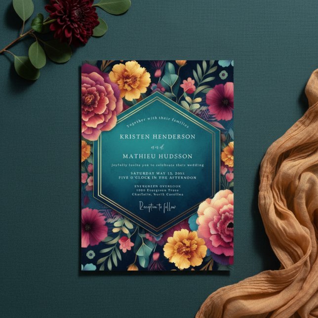 Convite Casamento Encantado Romântico Floral Turquesa (Criador carregado)