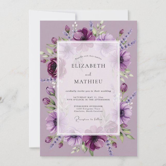 Convite Casamento Encantador de Lilás na Primavera (Frente)