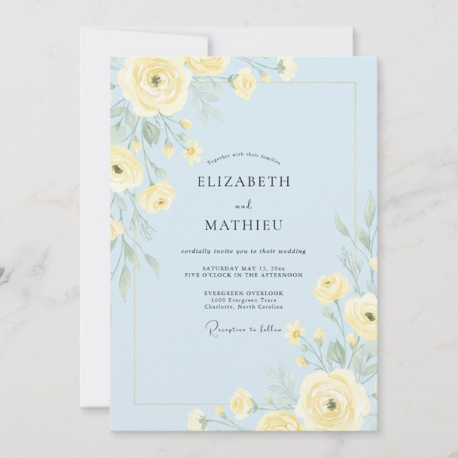 Convite Casamento Encantador de Primavera Azul Pálido (Frente)