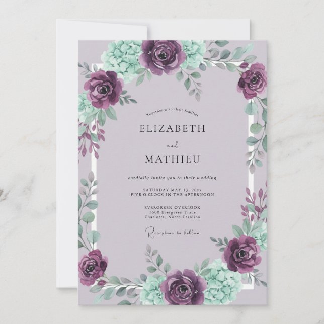 Convite Casamento Encantador de Primavera com Ameixa e Hor (Frente)