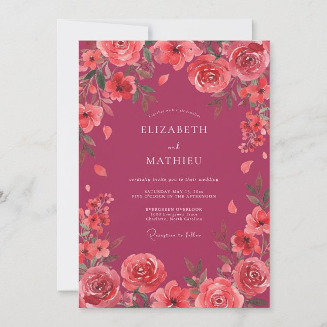 Convite Casamento Encantador Magenta de Primavera (Frente)