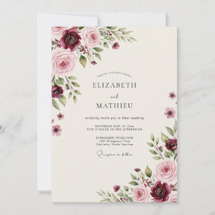 Convite Casamento Encantador Rosa Bege Borgonha