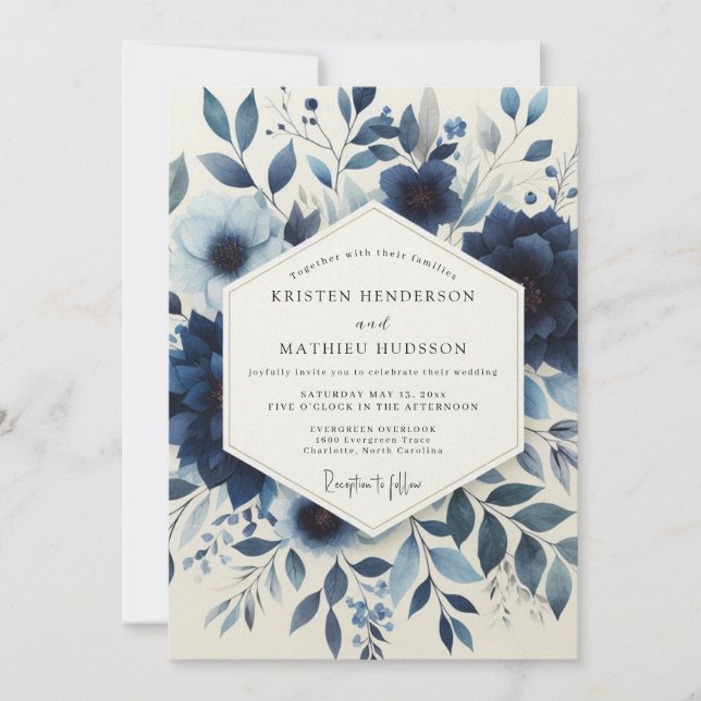 Convite Casamento Encantamento Floral Índigo (Frente)