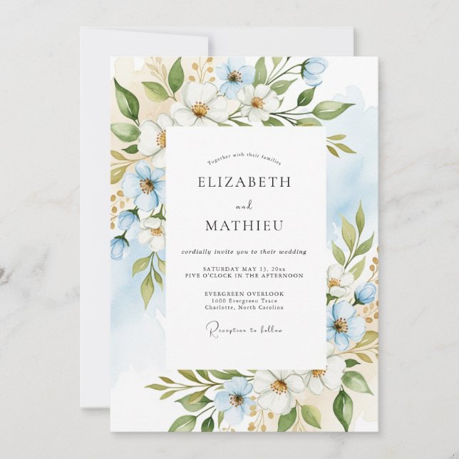 Convite Casamento Enchantment Floral Azul-Celeste (Frente)