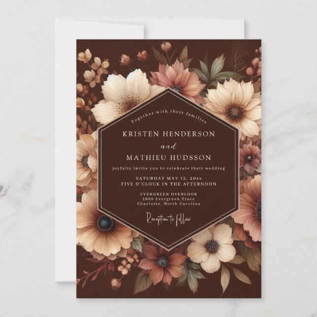 Convite Casamento Enchantment Floral Marrom (Frente)