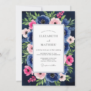 Convite Casamento Enfeitiçado com Floral Rosa Azul-Marinho