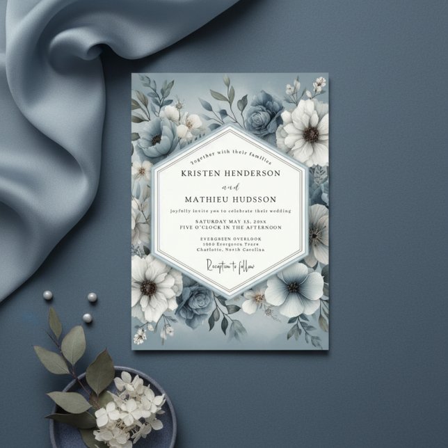 Convite Casamento Enfeitiço Floral Azul Ardósia (Criador carregado)