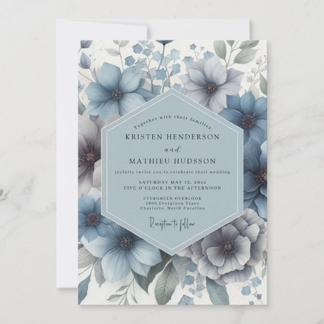 Convite Casamento Enfeitiço Floral Azul Desbotado (Frente)