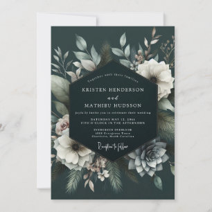 Convite Casamento Enfeitiço Floral Azul Escuro