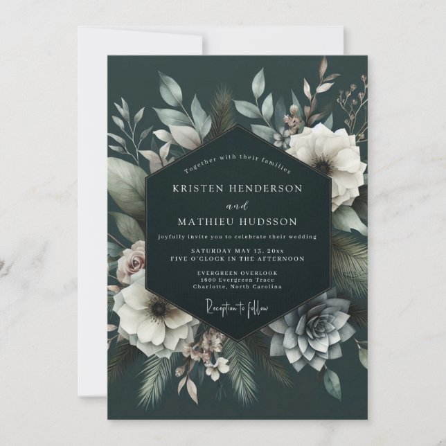Convite Casamento Enfeitiço Floral Azul Escuro (Frente)