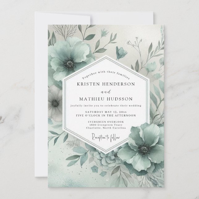 Convite Casamento Enfeitiço Floral Azul Poeirento (Frente)