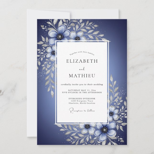 Convite Casamento Enfeitiço Floral Azul Profundo (Frente)