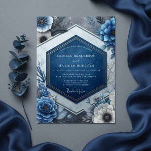 Convite Casamento Enfeitiço Floral Azul Profundo