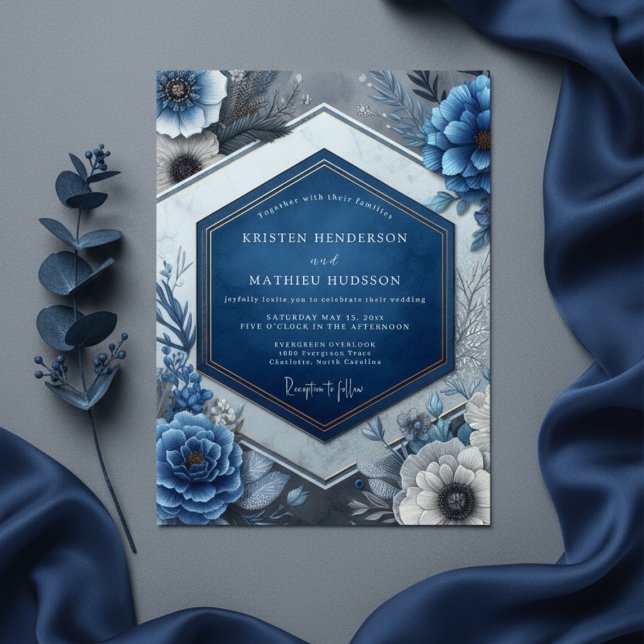 Convite Casamento Enfeitiço Floral Azul Profundo (Criador carregado)