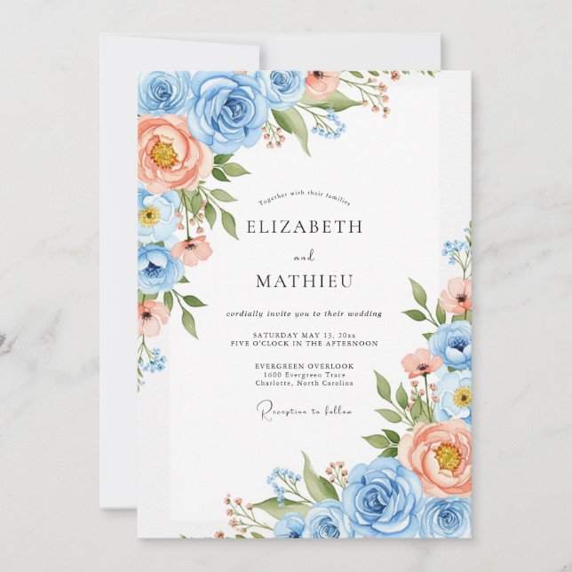 Convite Casamento Enfeitiço Floral Coral Azul (Frente)