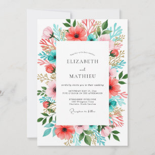 Convite Casamento Enfeitiço Floral Coral Turquesa