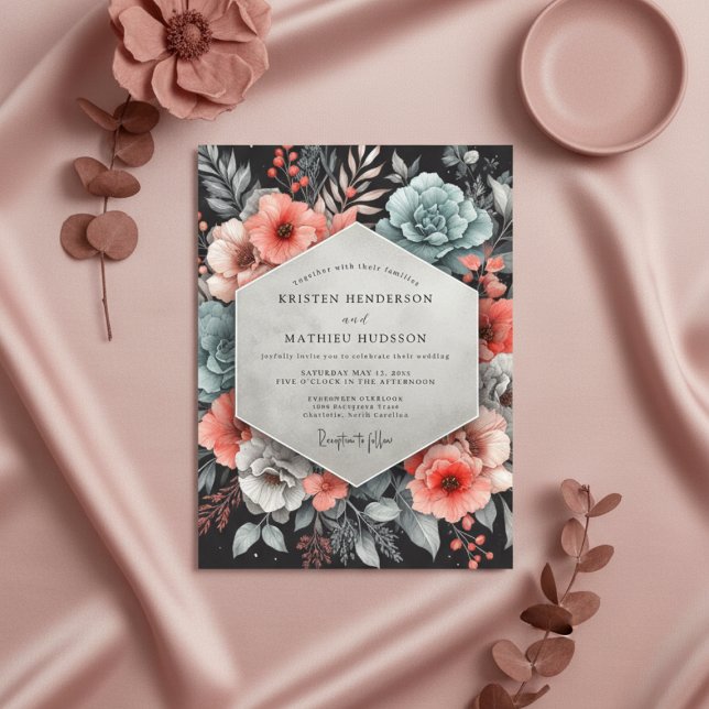 Convite Casamento Enfeitiço Floral Coral Turquesa (Criador carregado)