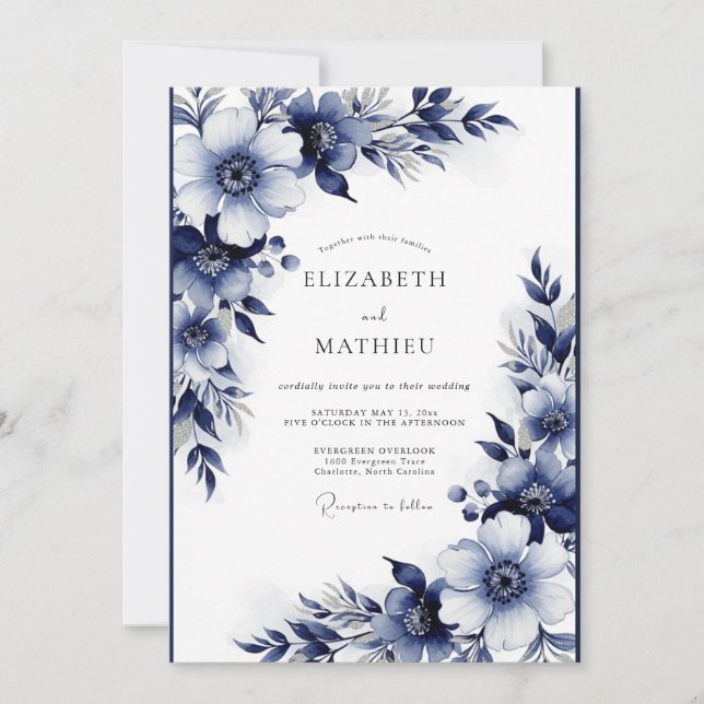 Convite Casamento Enfeitiço Floral Índigo (Frente)