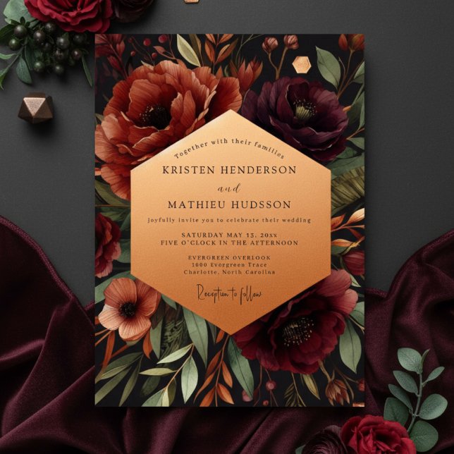 Convite Casamento Enfeitiço Florir Borgonha (Criador carregado)