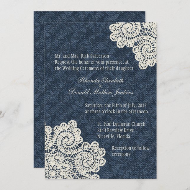 Convite Casamento entre Denim Damask e Ivory Lace 3 (Frente/Verso)