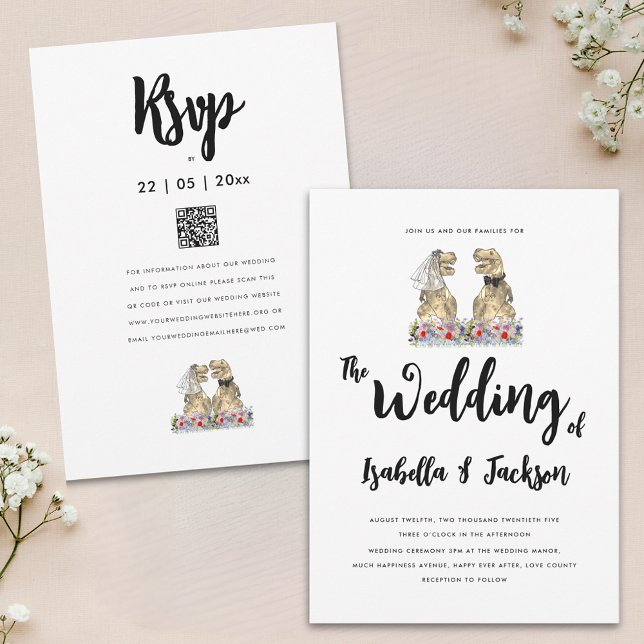 Convite Casamento entre Dinossaur Bride e Groom Boho Wildf (Dinosaur theme wildflower wedding invitation with T-Rex bride and groom wedding website rsvp qr code)