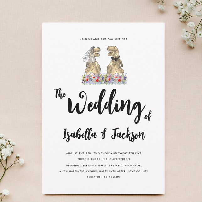 Convite Casamento entre Dinossaur Bride e Groom Boho Wildf (Boho wildflower Dinosaur theme wedding invitation with funny T-Rex bride and groom)
