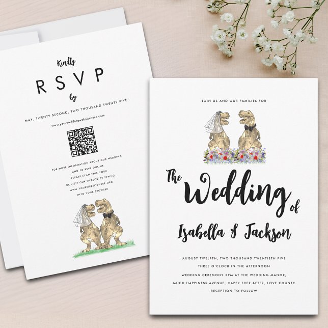 Convite Casamento entre Dinossauro e Groom Wildflower (Fun T-Rex bride and groom wildflower boho dinosaur Jurassic wedding qr code invitation )