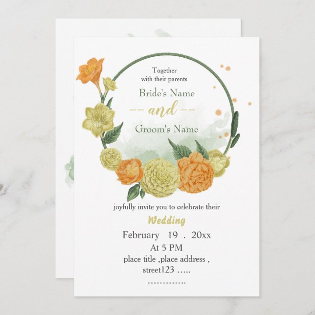 Convite casamento entre flores amarelas e laranja (Frente/Verso)