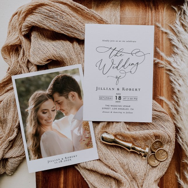 Convite casamento entre guião elegante e preto e branco (Criador carregado)