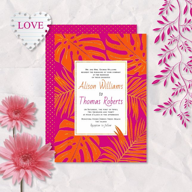 Convite Casamento entre magenta e folhas tropicais laranja (Criador carregado)