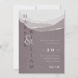 Convite casamento entre montanhas de papel rasgado e verme