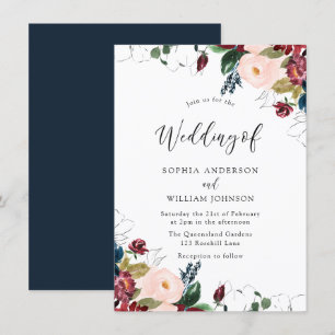 Convite Casamento entre o Marinho Indígo Floral e Blush