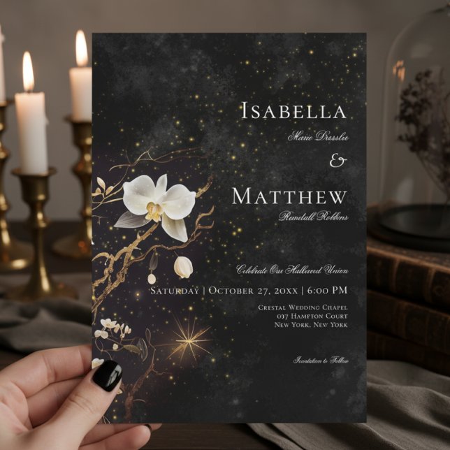 Convite Casamento entre Orquídeas Negras e Brancas Escuras (Dark Gothic Black & White Orchid Spells Wedding Invitation)