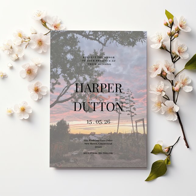 Convite Casamento entre os campos laranja-amarelos e belos (Sunset orange yellow beautiful countryside wedding)