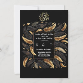 Convite casamento entre ouro e penas pretas