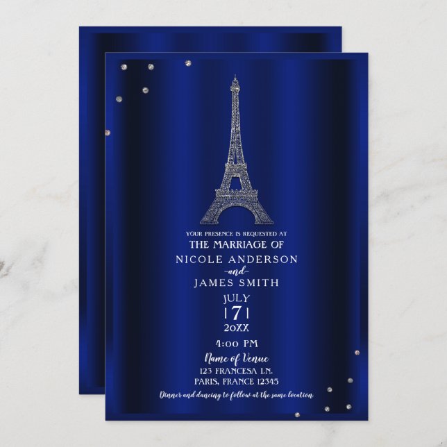 Convite Casamento entre Paris e Torre Eiffel Real Blue & S (Frente/Verso)