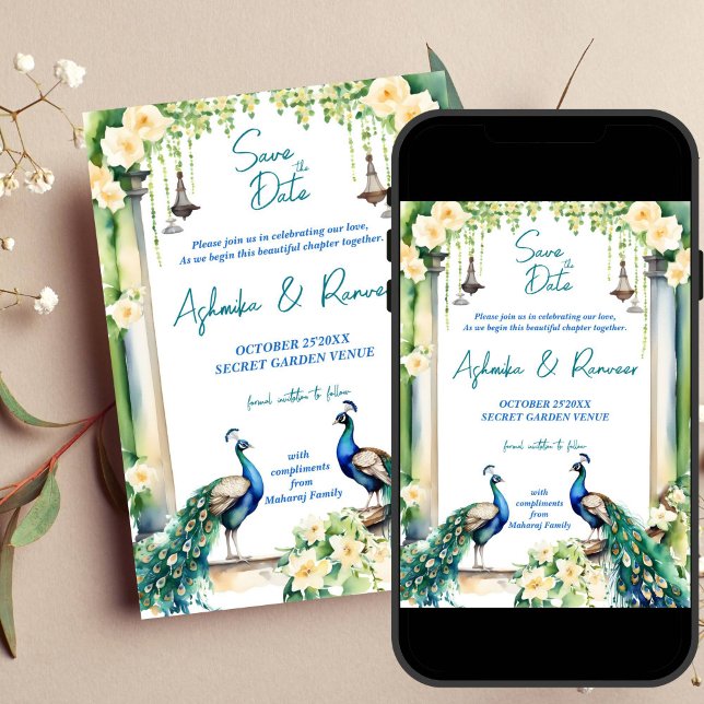 Convite Casamento entre Peacock e Jasmine Indiano, salvar  (Peacock jasmine garden Indian wedding save the date editable template invitation digital download)