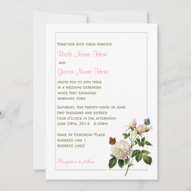 Convite Casamento entre rosas brancas e borboletas adoráve (Frente)