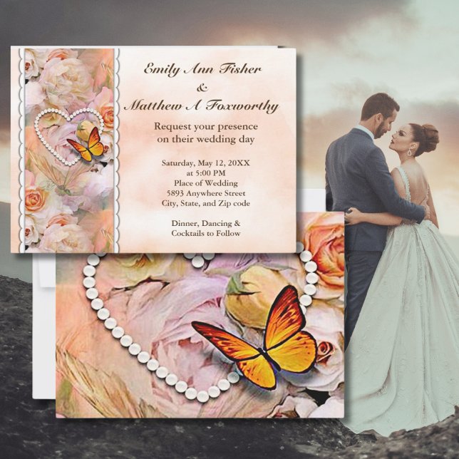 Convite Casamento entre Rosas de cor laranja e borboletas (Pearl Heart Orange Roses & Butterflies Wedding Invitation of Orange, Pink, Yellow & white floral)