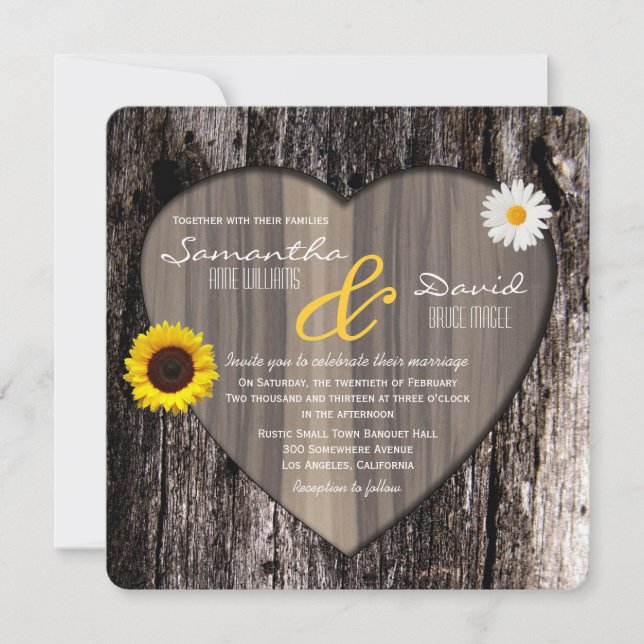Convite Casamento entre Sunflower e Daisy Heart Tree Rusti (Frente)
