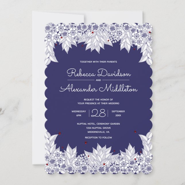 Convite Casamento Escamoteado Branco Azul Elegante (Frente)