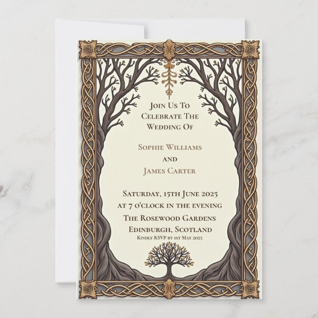 Convite Casamento Escocês Celta Árvore da Vida (Frente)