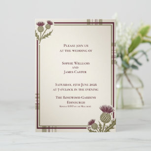 Convite Casamento Escocês com Canto de Cardo Xadrez Roxo
