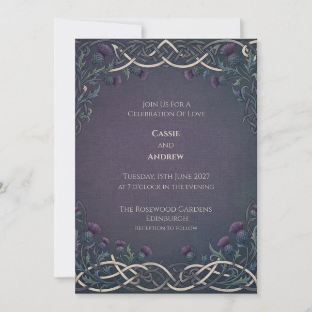 Convite Casamento Escocês Dark Navy Gold Celtic Thistle (Frente)