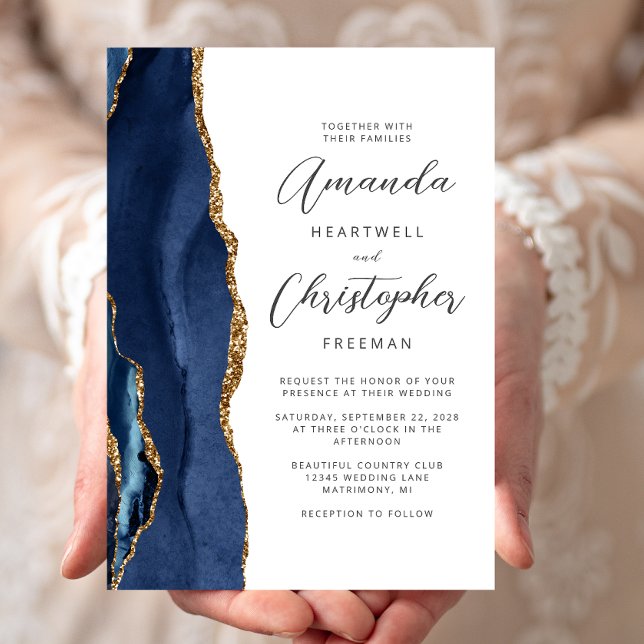 Convite Casamento Escrito em Ágata Azul Naval Dourado (Criador carregado)