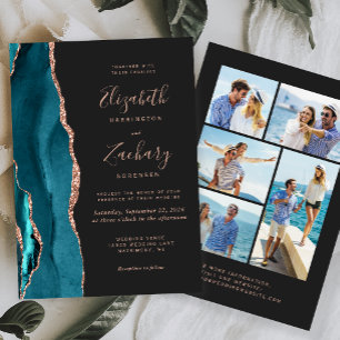 Convite Casamento Escuro 5-Foto Azul Teal Dourado Rosa Ága